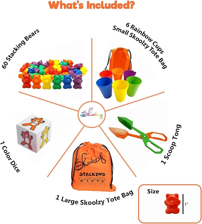 Skoolzy Stacking Toddler Peg Board 38 Piece Set and Rainbow Sorting Bears with Matching Cups 69 Piece Set Montessori Occupational Therapy Toddler Toys Kit with Storage Bags and eBook