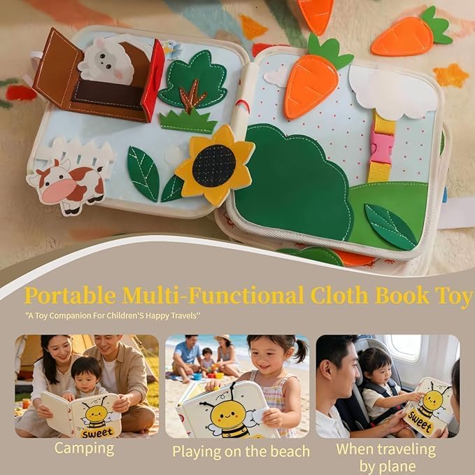 GOODMOM Bee Sensory Busy Book for Toddlers1-3 – Quiet Book with Fun Mirror, 10 Pages Interactive Activities, Educational Travel Toy, Gifts for Boys & Girls