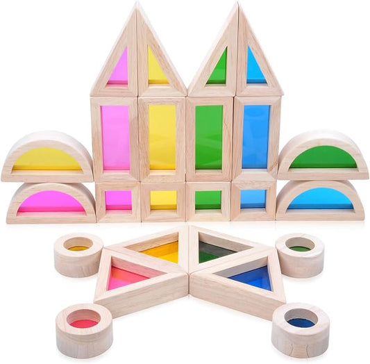 Wooden Blocks, Acrylic Windows, 24pc, 4 Colors, 6 Shapes | Educational Montessori play for ages 18M+; stack acrylic windows to mix colors and create new hues; build houses & towers.