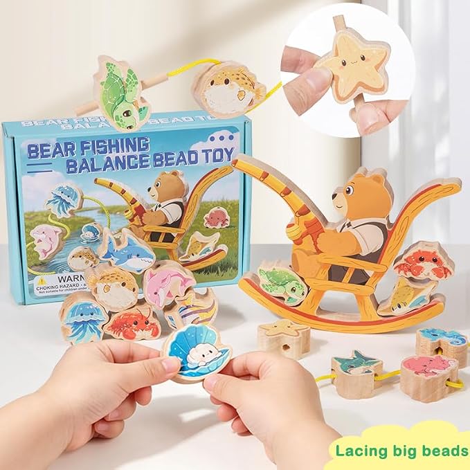 Wooden bear fishing Toy,Balance Stacking for Toddlers1-3&Kids 4-5-6 | 15pcs Blocks,Lacing Beads,Fine Motor Skills,Montessori STEM Education Learning Toy,Craft Gift for Boys&Girls