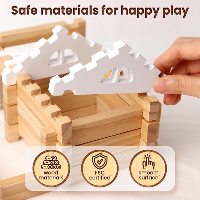 Jovi-mindly＆Notchies 63PCS Wooden Blocks Beginner Set Wooden Blocks |Preschool Learning Toys Wood Blocks Building for Kids Ages 3+ Creative Construction Game,FSC Certified,Birthday Toys Gifts