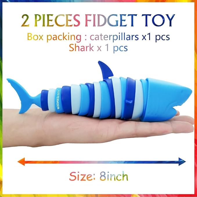 2 Pieces Articulated Fidget Toy, Rainbow Caterpillar Toy Ocean Shark Decompression Toys, Stim Toy Decompression Fun Autism ADHD Fidgeting Children's Toys Adults (Shark and Caterpillar)