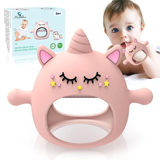 Tinabless Teething Toys for Babies 6-12 Months, Unicorn Never Drop Silicone Teether Designed for Babies 0-6 Months, Car Seat Toy for New Born, Natural Organic Baby Teether for Boys & Girls, Pink