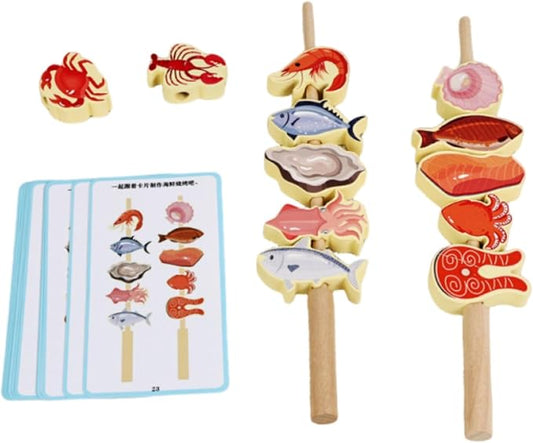 Children Cognitive Game Educational Toy Fruit Skewer Threading Game Stacking Blocks Lacing Beads Wooden Material for Early Learning Fine Motor Skills, Seafood Skewers