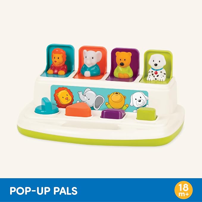 Battat Pop-Up Toy, Pop-Up Pals Cause-and-Effect Animal Toy, Toddler, 4 Pals | 4 animal pals pop up with turn, press, flip, and slide actions; colors, shapes, carry handle, Toddler, 4 Pals; 18+ Months