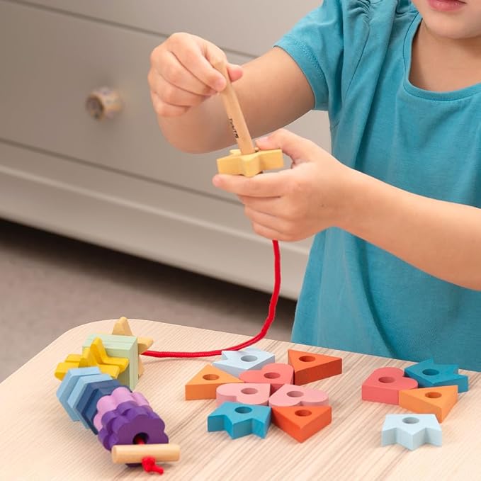 tickit Rainbow Wooden Lacing Shapes | 28 Shapes | Toddler Montessori Threading Toy | Build Fine Motor & Logic Skills