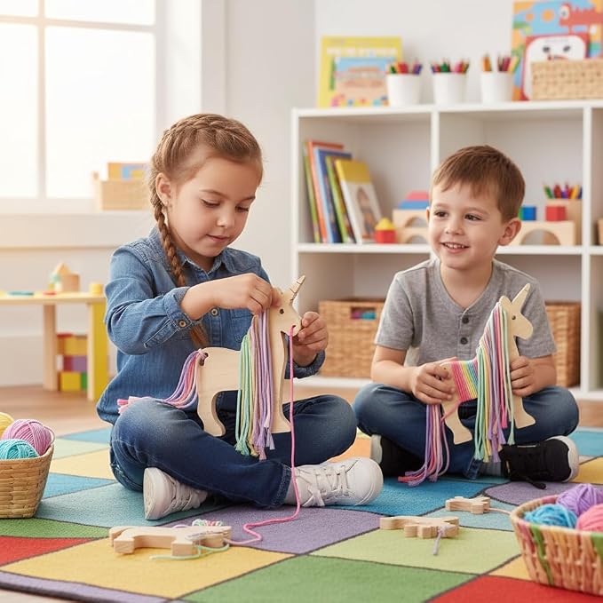 Eray Montessori Wooden Unicorn Lacing Toy for Kids – Safe Non-Toxic DIY Threading Activity with Colorful Cotton Yarn, Fine Motor Skills & Creative Play for Toddlers and Preschoolers