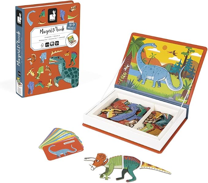 Janod - Magnetibook - Magnetic Dinosaur Mix and Match Game - 51 Magnets | Enhances Fine Motor Skills - Book Shaped Travel Storage Case - Perfect for Kids Ages 3 and Up - Fun Educational Toy