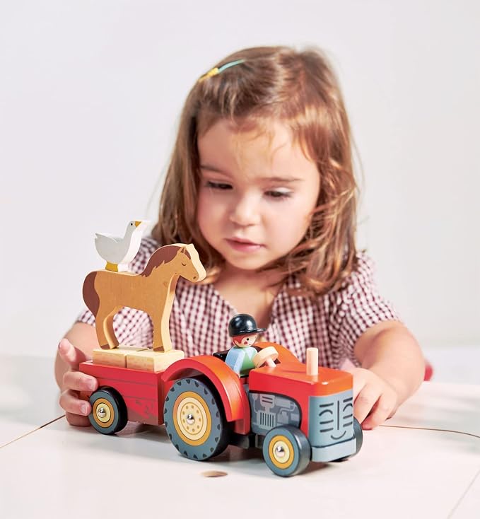 Tender Leaf Toys - Farmyard Tractor - Wooden Tractor Toy with Removeable Trailer, Animals and Accessories - Open-Ended Play Toy, Farm Pretend Play for Boys and Girls - Age 18m+