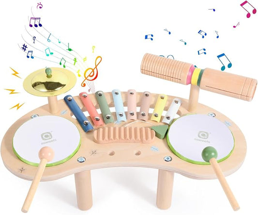 Asweets 7 in 1 Kids Drum Set for Toddlers | Wooden Xylophone Musical Instruments Kit for Toddler, Baby Drum Set Montessori Toys Sensory Toys Birthday Gifts (Moon)