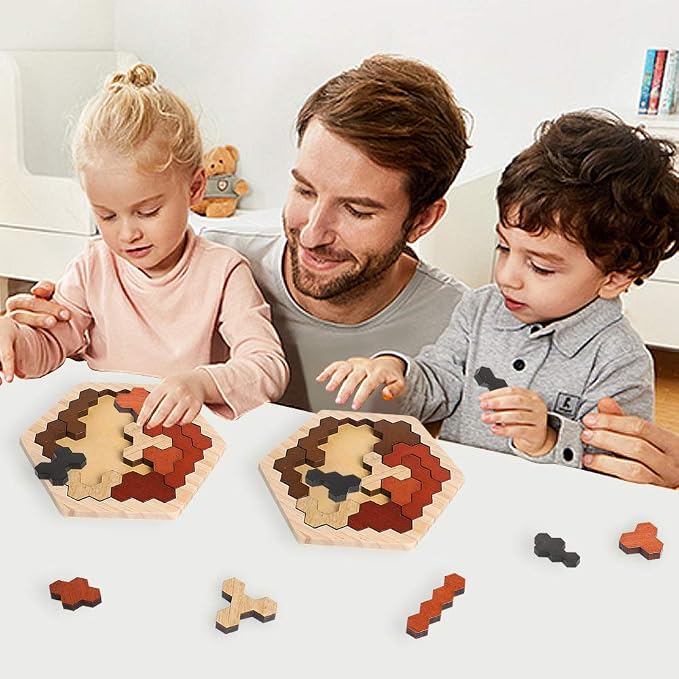 Wooden Hexagon Montessori Tangram Puzzle, STEM Brain Teaser for All Ages | Colorful Geometric Shapes, Montessori Learning Toy, Logic IQ Game, Educational Gift for Kids Teens Adults