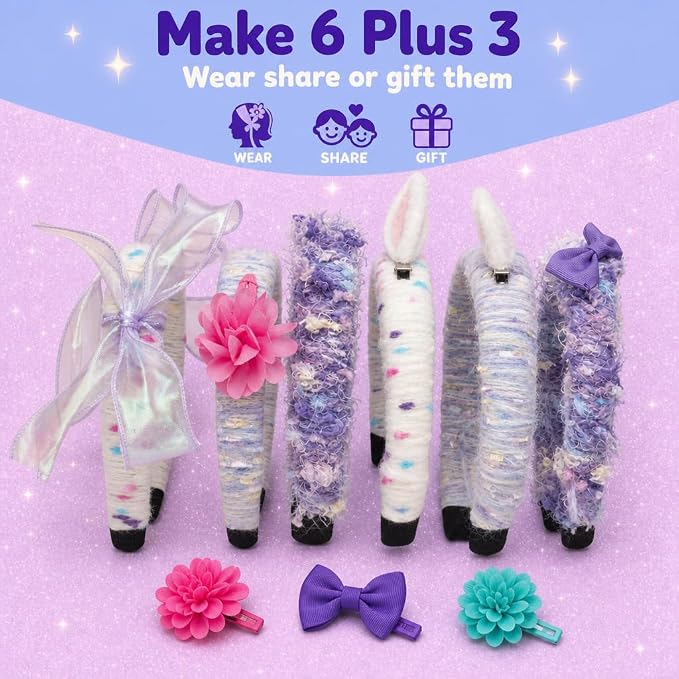 Wrap & Wear DIY Yarn Headband Making Kit, 7 Year Old Girl Birthday Gifts | Makes 6 Yarn Headbands for Girls Plus 3 DIY Metal Hair Clips, Mess-Free Headband Making Kit for Girls, Arts and Crafts for 6+