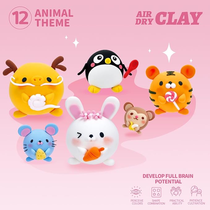 LOUFOR Air Dry Clay Kit -12 Animals Modeling Clay for Kids Arts and Crafts | Ultra Light & Soft,Safe & Non-Toxic,No-Sticky & Crack,DIY Molding Clay with Sculpting Tools,Party Favors Gifts for Girls Boys