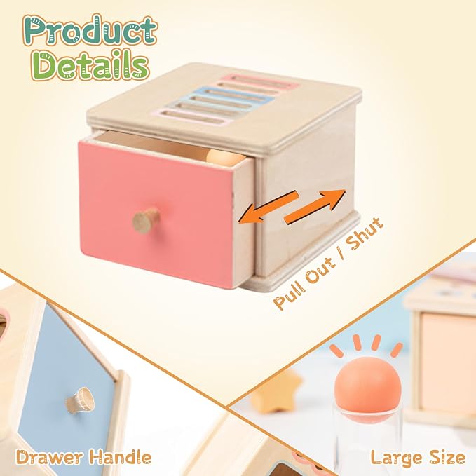 Montessori Toys for 2 3 4 5 Year Old - Wooden Object Permanence Box with Drawer Sensory Toys Shape Sorter Color Sorting Education for Baby Toddler Boy Girl Drop Busy Box (D-Coins)