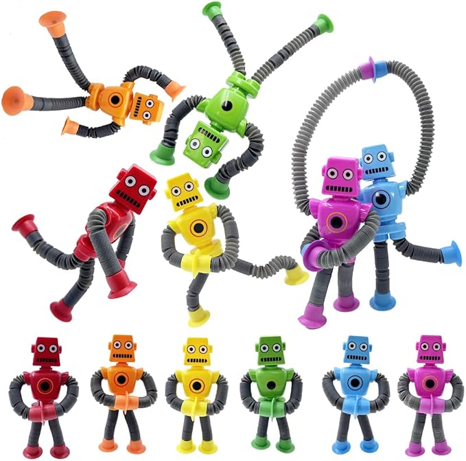 Robot Suction Cup Sensory Toys, Fidget Travel Pop Tubes for Kids | 6 Pack Robot Toys sensory toys for kids with autism Pop Tubes Travel Toy for Toddlers Sensory Toys Gifts for boy and girl