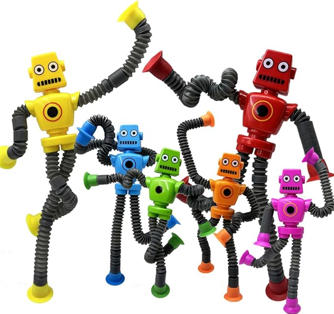 Robot Suction Cup Sensory Toys, Fidget Travel Pop Tubes for Kids | 6 Pack Robot Toys sensory toys for kids with autism Pop Tubes Travel Toy for Toddlers Sensory Toys Gifts for boy and girl