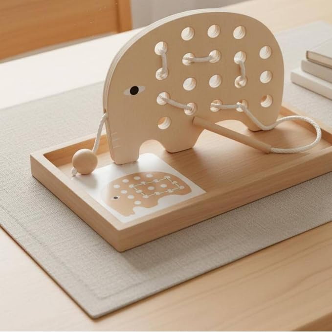 Children Threading Game Wooden Animal Lacing Board Toy Preschool Learning Board Hands On Lacing Puzzle Educational Fine Motor Skills Basswood Plywood, Elephant