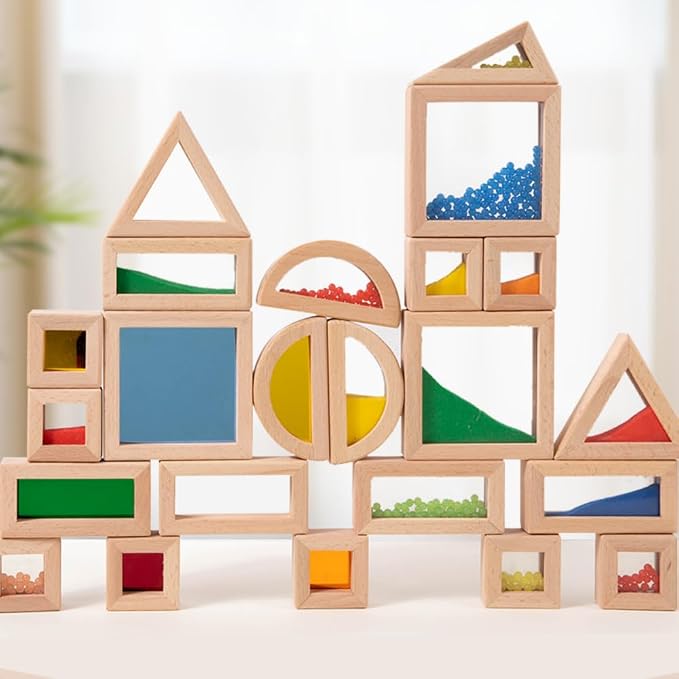 23 Pcs Rainbow Wooden Sensory Building Blocks for Toddlers,Gift for Kids | Colorful Geometric Stacking Toys with Beads, Sand & Mirror Blocks, Montessori STEM,Preschool Learning Educational Toys