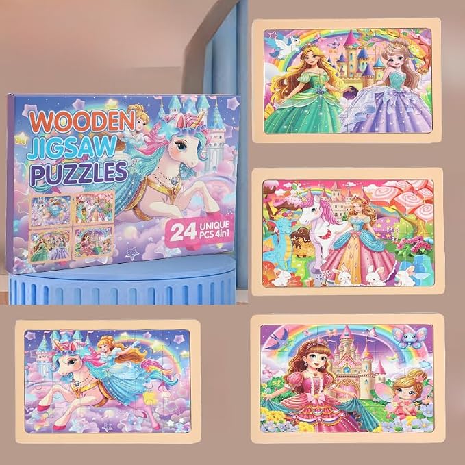 jWooden Puzzle for Kids 4-6 Years Old, 4 Pack of 24 Pieces Unicorn Princess Fairy Puzzle, Preschool Education Brain Teaser Toy for 3 4 5 6 Year Old Girls.