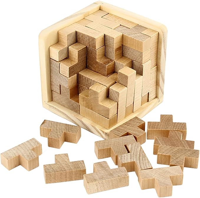 AHYUAN Wooden Brain Teaser Puzzles Cube Stocking Stuffers Wooden Puzzles T-Shaped Jigsaw Logic Puzzle Educational Games Toy for Kids and Adults (Natural)