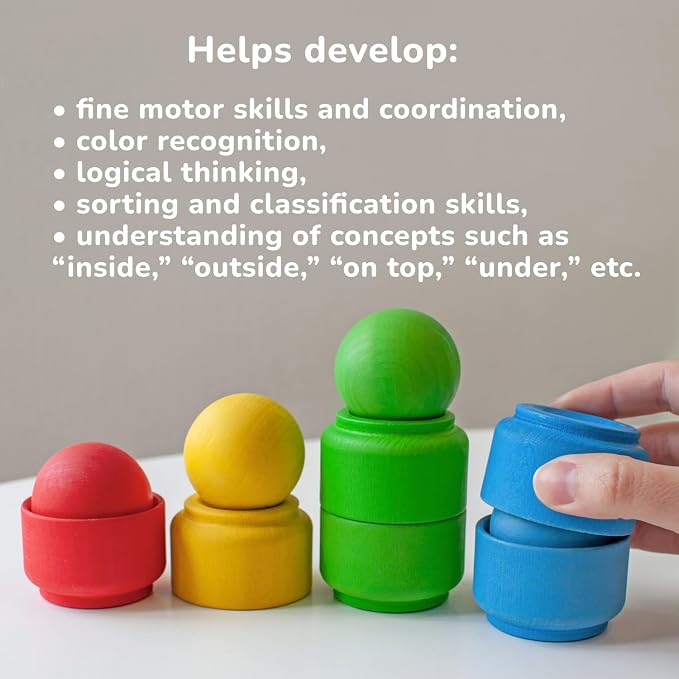 Ulanik Balls in Nests Starter Kit Montessori Toys for 1 Year Old | Open-ended wooden nesting set; 4 primary colors; tray and bag for easy storage