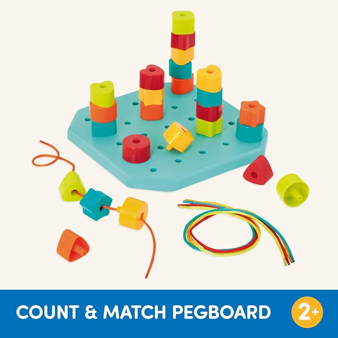 Battat Toddler, Count & Match Stacking Pegboard Toy | 31-piece set with 1 pegboard, 25 colorful pegs, and 5 matching cords for stacking, lacing, counting, and matching, 2+ Years