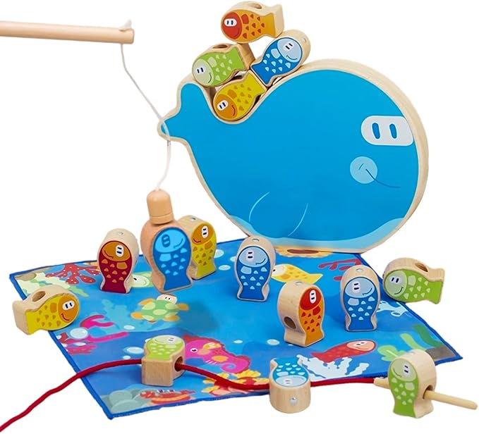 Montessori 4-in-1 Wooden Fish Stacking Toy for Toddlers 3-5, Magnetic Fishing Game—Lacing Beads, Fish Counting, Color Sorting, Balance Toys, Preschool Learning Set for Kids Boys & Girls