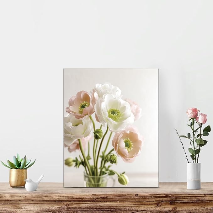 HOURIA 6Pcs Spring Flower Canvas Wall Art Set(8”x10”),Pink Green White Floral Botanical Wall Decor,Spring Nature Landscape Tulip Flowers Daisy Sparrow Art Prints for Farmhouse Living Room Bedroom Home