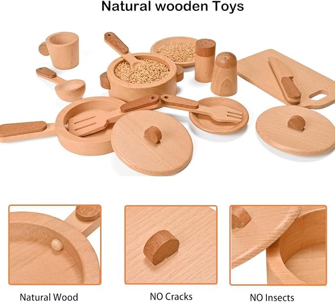 Play Kitchen Accessories Montessori Wooden Toys | Kids Kitchen Set Cookware Plates Dishes Pots Pans Cooking Playset 15pcs Sensory Toys for Toddlers Girls Boys With Storage Bag