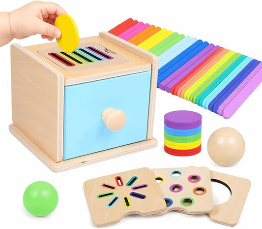 4-in-1 Montessori Coin Box, Wooden Montessori Toys for 1+ Year Old | Object Permanence Ball Drawer Drop Box, Learning Color Sorting Sensory Fine Motor Skills Toys, 1st Birthday Girl Boy Gifts