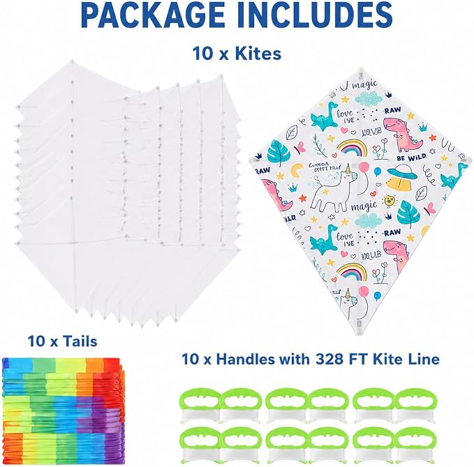 DIY Blank Kites for Kids, Bulk Kites for DIY Decorating Coloring, Kite Making Craft Kit with 10 Hand Grips with 98ft String, Easy to Fly Kite for Kids Aged 4+ Outdoor Activities