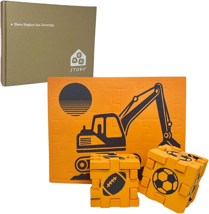 2D & 3D Foam Puzzle for Kids Ages 3+, Excavator Construction Travel Toy, Quiet Screen-Free Busy Bag for Airplanes & Road Trips, Montessori STEM Learning Activity – Orange