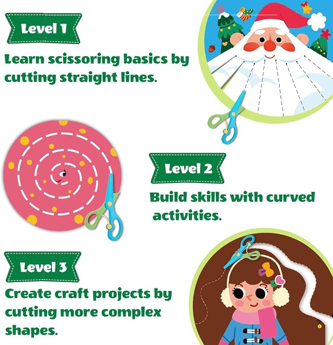 Toddler Scissor Skills Activity Book, Fun Arts and Crafts for Kids 4-6, Preschool Learning Toys Fine Motor Skill Cutting Art kit, 2 Safety Scissors, Birthday Gifts for Girls & Boys Ages 3, 4, 5, 6, 7