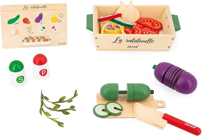 JANOD Ratatouille J06626 J06626 Set of 32 Kitchen Accessories with Recipe, Utensil and Imitation Vegetables, FSC Wooden Toy, Ages 3 and Above, Multi-Coloured
