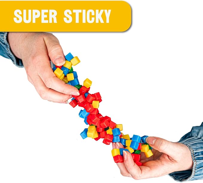StickiKubes 125-Pack, 4 Colors, Mini Sticky Stacking Cubes, STEM Blocks | Plastic Tub for Easy Storage, Sticks to Any Surface, Non-Toxic, Ages 4+