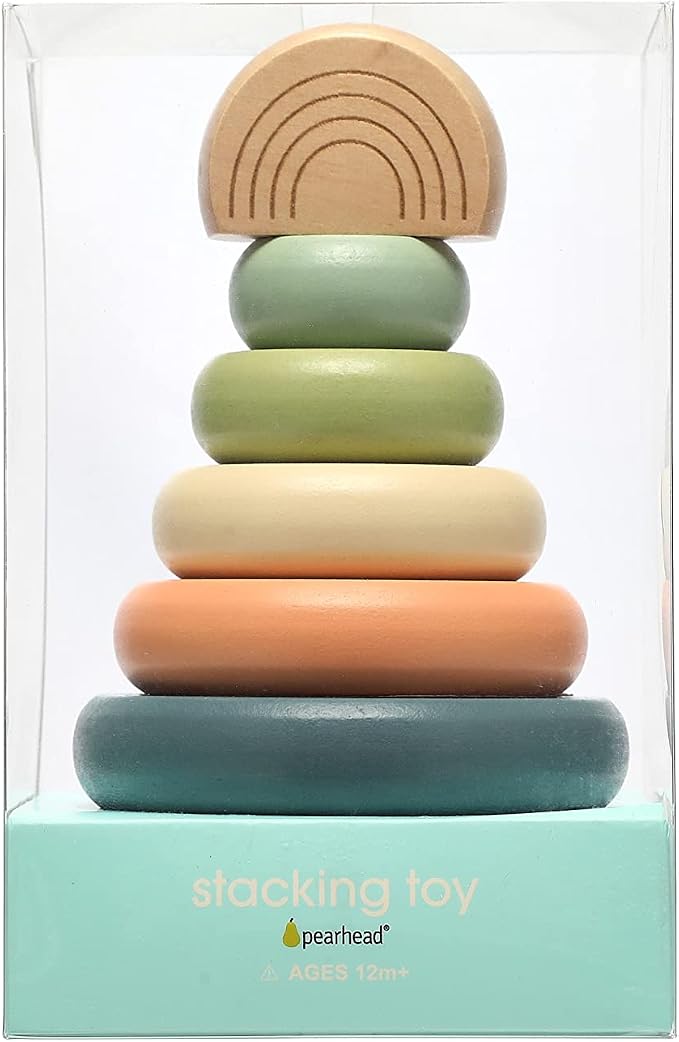Pearhead Wooden Rainbow Stacking Ring Toy, Montessori Baby Stacker | Neutral Color Sorting Rings, Fine Motor Play, Hand-Eye Coordination, Nursery Decor, Baby or Toddler Gift, Ages 12M+
