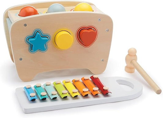 Amazon Basics Musical Pounding Bench With Xylophone and Shape Sorter Educational Toy for Toddlers, Developmental Learning Toy, Age 18M+, Boy Girl Baby, 11.6 x 5.2 x 6.3 inches, Multicolor
