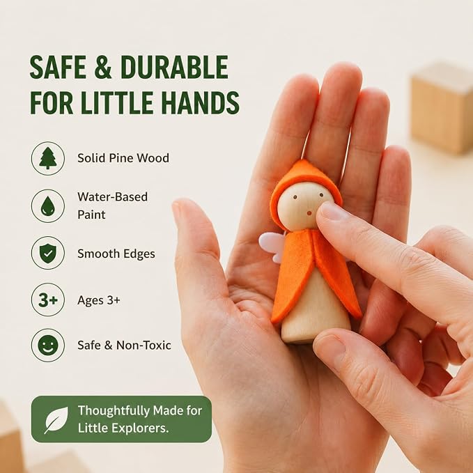 6 PCS Wooden Dollhouse People, Wooden Peg Dolls | Fairy Elf Figures for Kids, Montessori Waldorf Wooden Dolls for Fairy Garden & Dollhouse Accessories, Ages 3+
