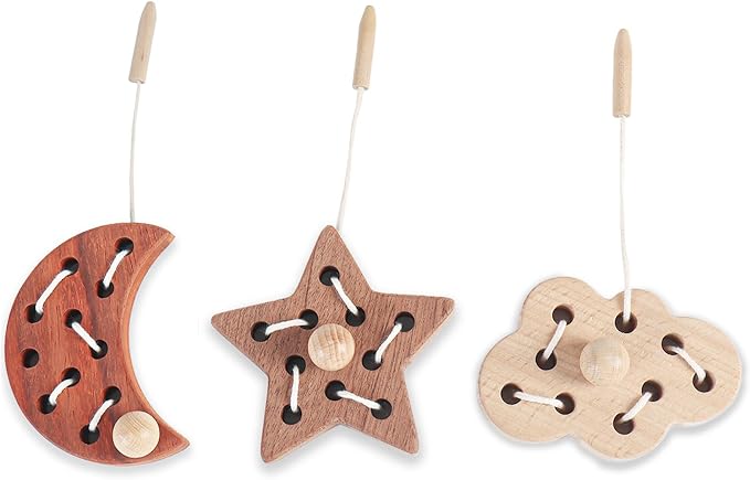3 Pack Wooden Lacing Threading Toys for Toddlers 1-3 Solid Wood Threading Activity Puzzles, Moon/Stars/Cloud Quiet Toddler Toys for Airplane Travel Fine Motor Skills Sensory Toys