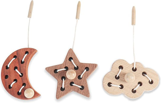 3 Pack Wooden Lacing Threading Toys for Toddlers 1-3 Solid Wood Threading Activity Puzzles, Moon/Stars/Cloud Quiet Toddler Toys for Airplane Travel Fine Motor Skills Sensory Toys