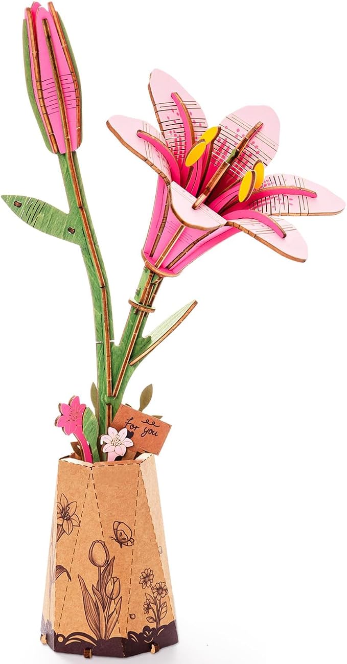 Rowood Wooden Flower Kit,DIY Artifical Flower Building Set Craft Kit for Adults,Mother's Day/Valentine's Day for Mom/Women/Grandma-Pink Lily