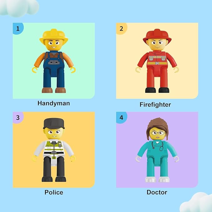 Picasso Toys Magnetic Character Action Figures 4 Piece for Building Block Tile Toddler Toy Set Magnet Expansion Pack Age 3 and up Fireman, Nurse, Police, Constructions Learning Pretend Playset PTA17