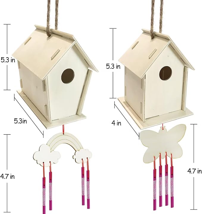 4 Pack DIY Bird House Wind Chime Kit for Crafts for Kids Ages 4-8 | Build and Paint Birdhouses Wooden Arts Kits Easter Basket Stuffers Gifts for Girls Kids Boys Toddlers Ages 3-5 4-6 6-8 8-12