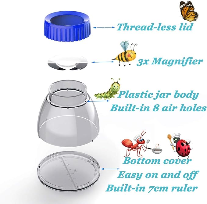Bug Catcher 5X Magnifying Insect Observation Kit Built-in 7cm Ruler with 2 Slant Tweezers Bug Viewer Cage for Kids Science Nature Exploration (2 Pack Blue)