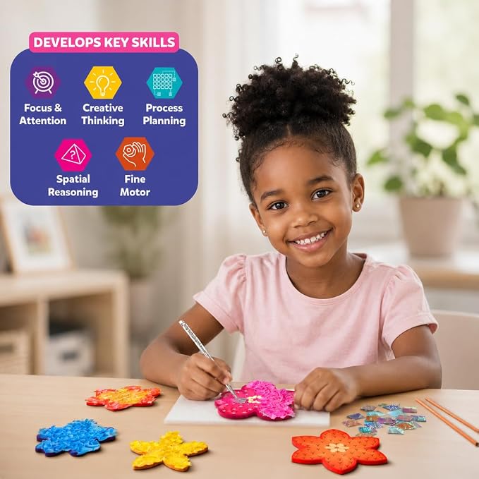 Skillmatics Poke-in Art – Flower Bouquet, Wood Craft Kit, Gift for Kids | Mess-Free, DIY Room Decor, Fine Motor Skills, Pretend Play, Screen-Free Travel Activity, Girls & Boys Ages 4, 5, 6, 7, 8, 9