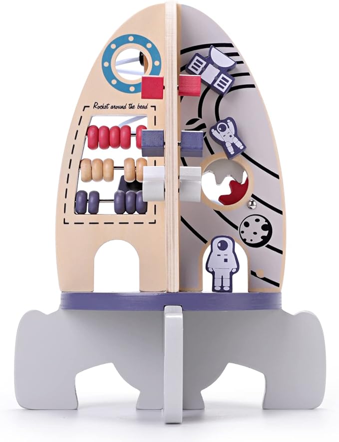 Wdmiya Space Wood Activity Cube Toy for Baby, Montessoritoys for 1 Year Old | Boy & Girl Birthday Gifts, Sensory and Educational 1st Birthday Gifts, Busy Board Toys for Baby Boy 6-18 Months (Rocket)