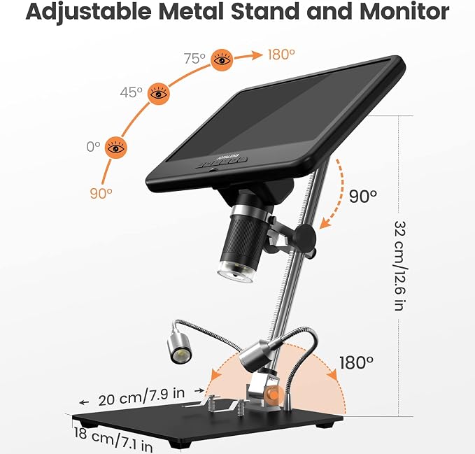 JL210 10.1'' Digital Microscope Coin Magnifier for Adults | Full View for Silver Coins, Soldering Microscopes Camera for Electronics, 8 LED, 12.6" Metal Stand, PC View, 32GB