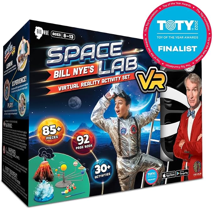 Abacus Brands Bill Nye's VR Space Lab - STEM Science Kit for Kids Age 8-13 | Virtual Reality Goggles, 85-Piece Set, 128 AR & VR Experiences, 92-Page Interactive Book, Educational Gift for Boys & Girls