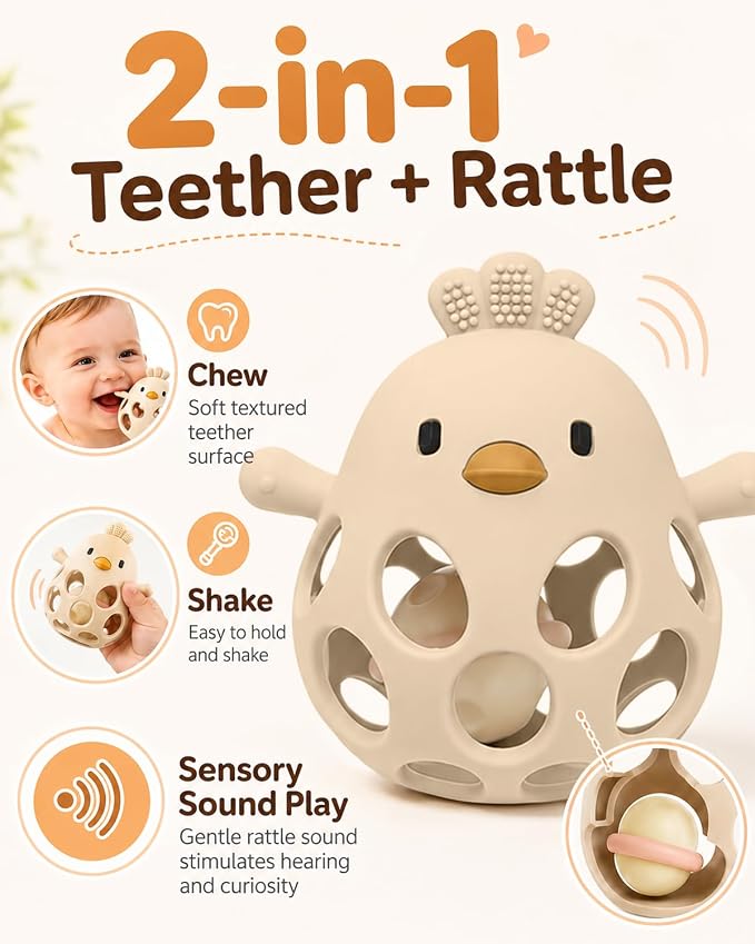 Tinabless 2-in-1 Baby Teether Rattle Toy, Easy Grip Silicone Teething Toy for Babies 3-12 Months, BPA-Free Sensory Chew Toy for Sore Gums, Infant Shower Gift (Beige w/Rattle)