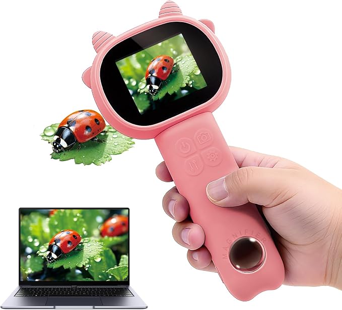 Microscope for Kids - 2.4" Screen Mini Pocket Handheld Microscope for Toddlers-STEM Educational Science Kit Toys for Christmas Birthday Gifts Science Kit Toddler for Boys Girls Aged 3-12 (Pink)